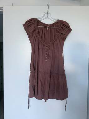 Free People Olivia Mini Dress Brown Cotton Linen Puff Sleeve